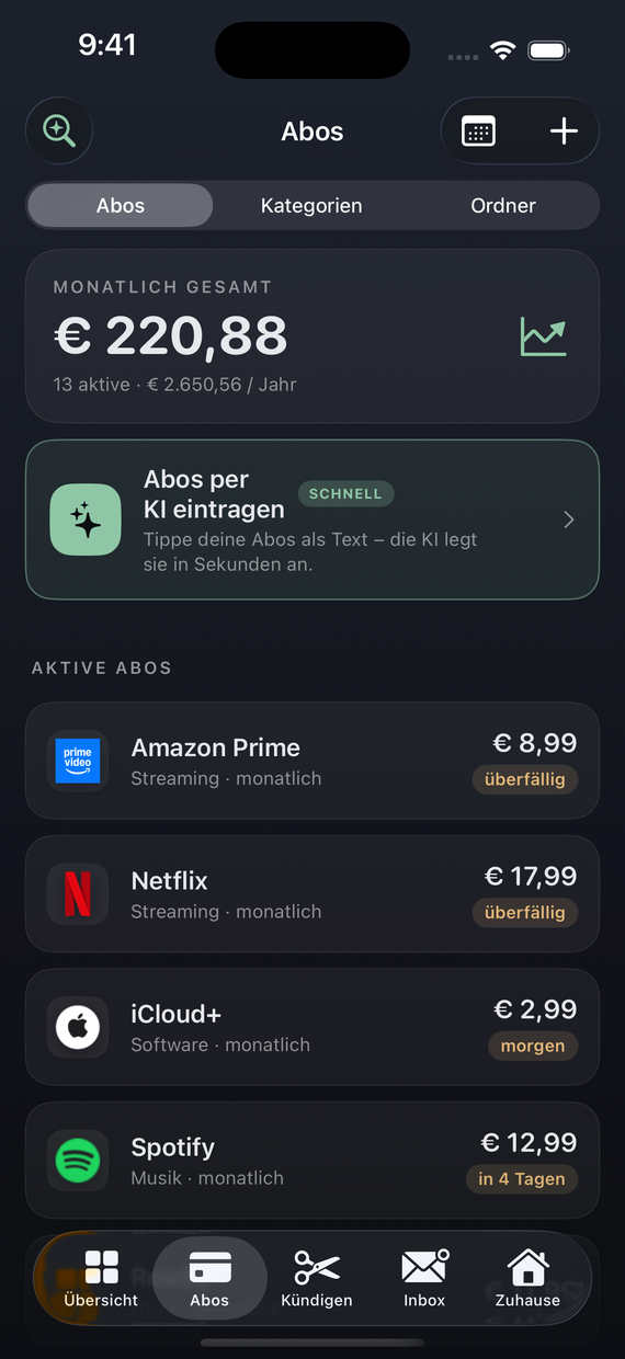 Blade App – Abo-Liste mit KI-Tiefenscan-Empfehlung und aktiven Abos