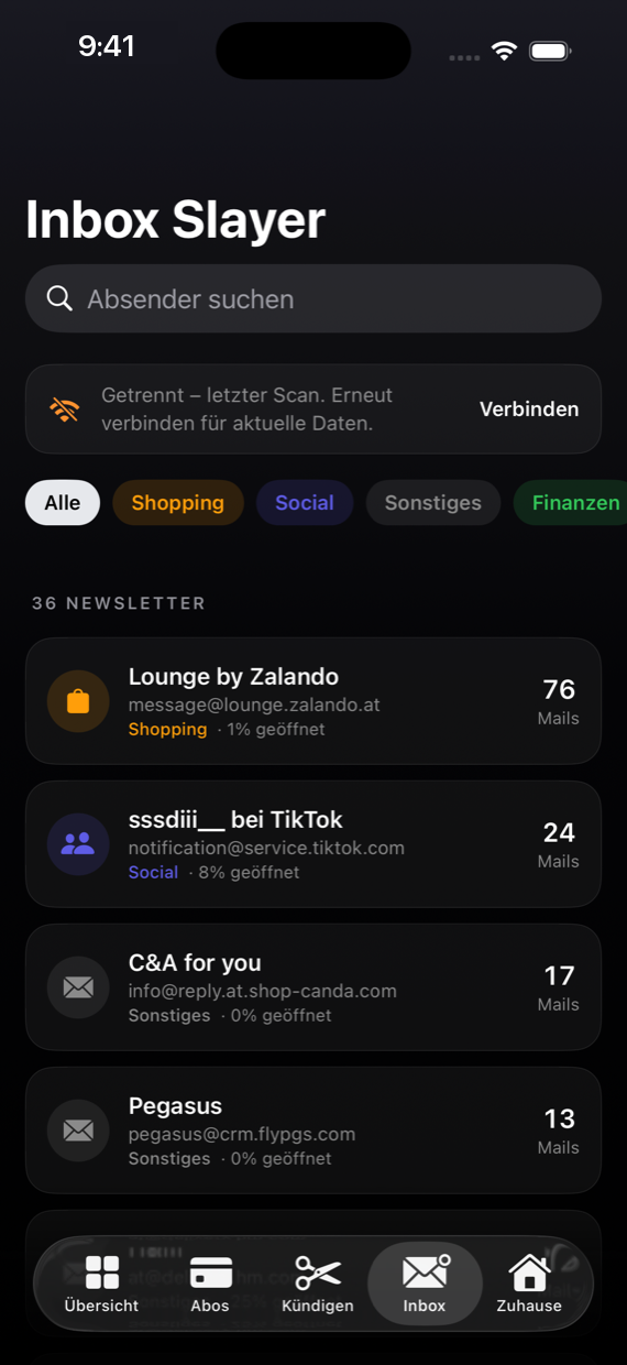 Blade App – Inbox Slayer mit erkannten Newslettern nach Kategorie