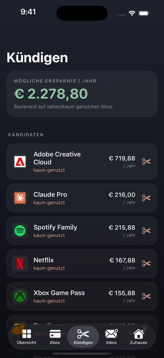 Blade App – Kündigen mit möglicher Jahresersparnis und Kündigungskandidaten