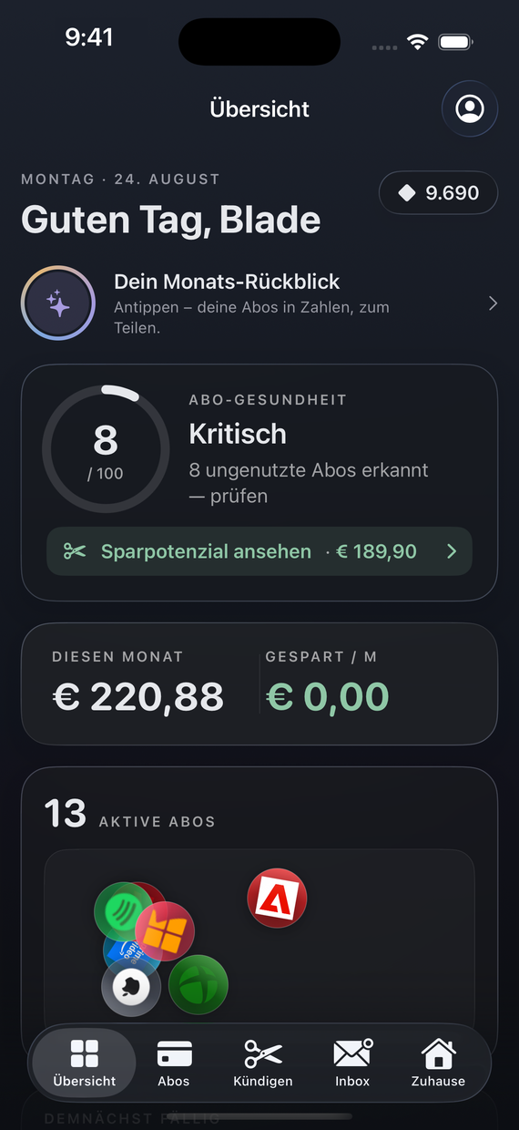 Blade App – Übersicht mit Abo-Gesundheit, Monatskosten und anstehenden Zahlungen